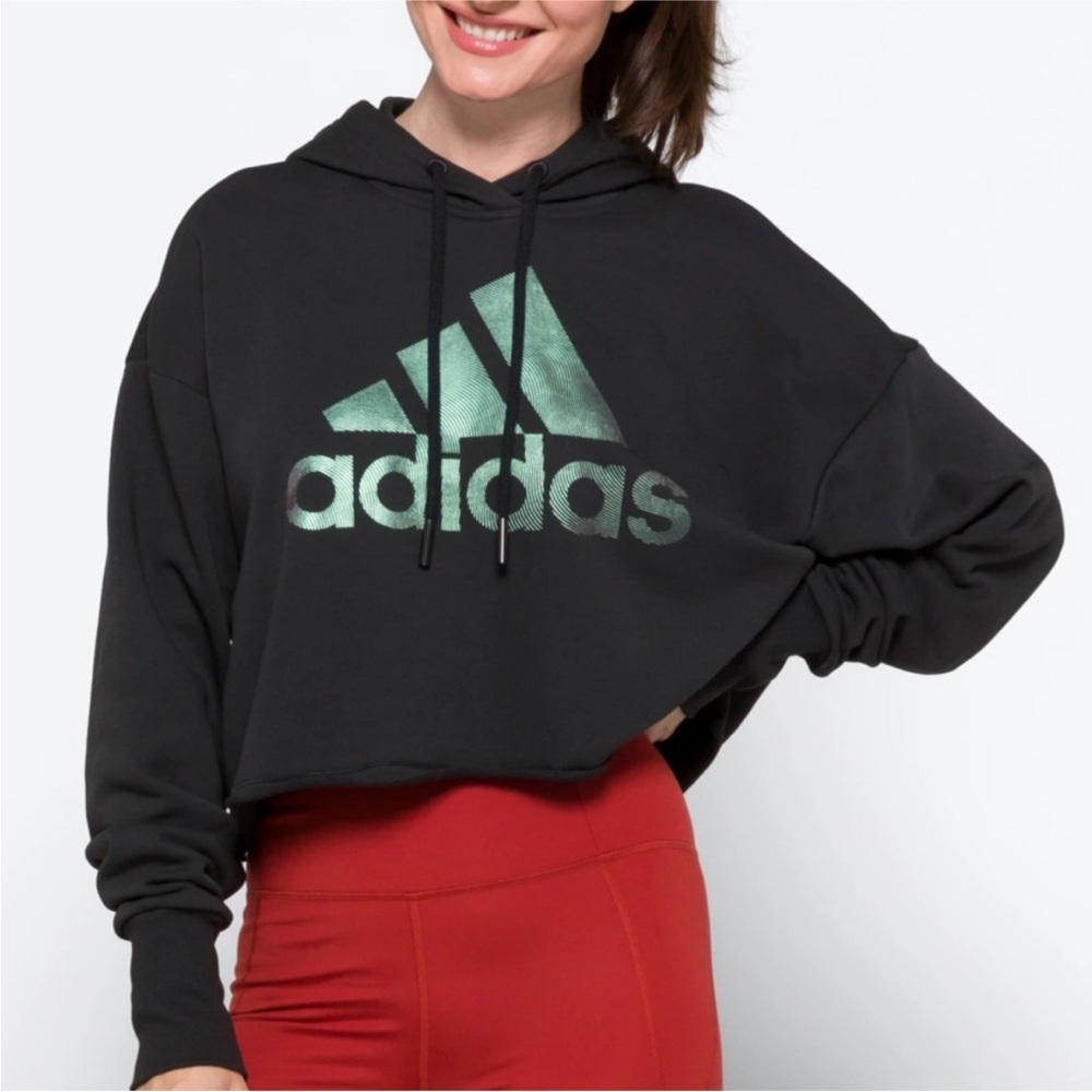 Adidas Holiday Graphic Cropped Hoodie Black - Picture 10 of 12